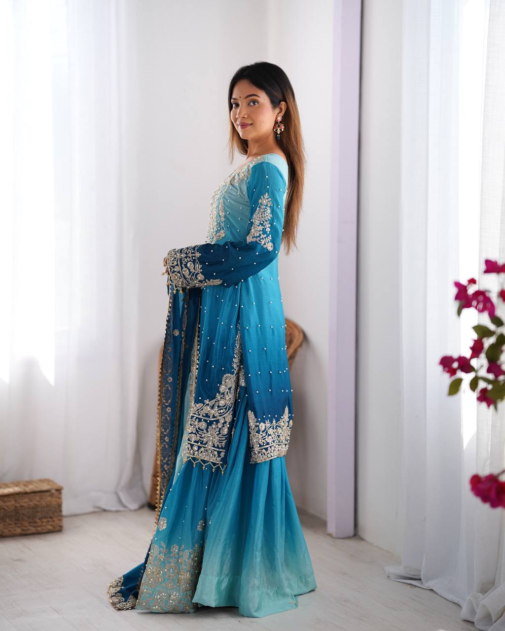 Sky Blue Chinon Silk And Coding Dori With Sequence Moti Beautiful Sharara Suit