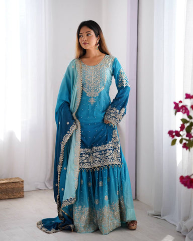 Sky Blue Chinon Silk And Coding Dori With Sequence Moti Beautiful Sharara Suit