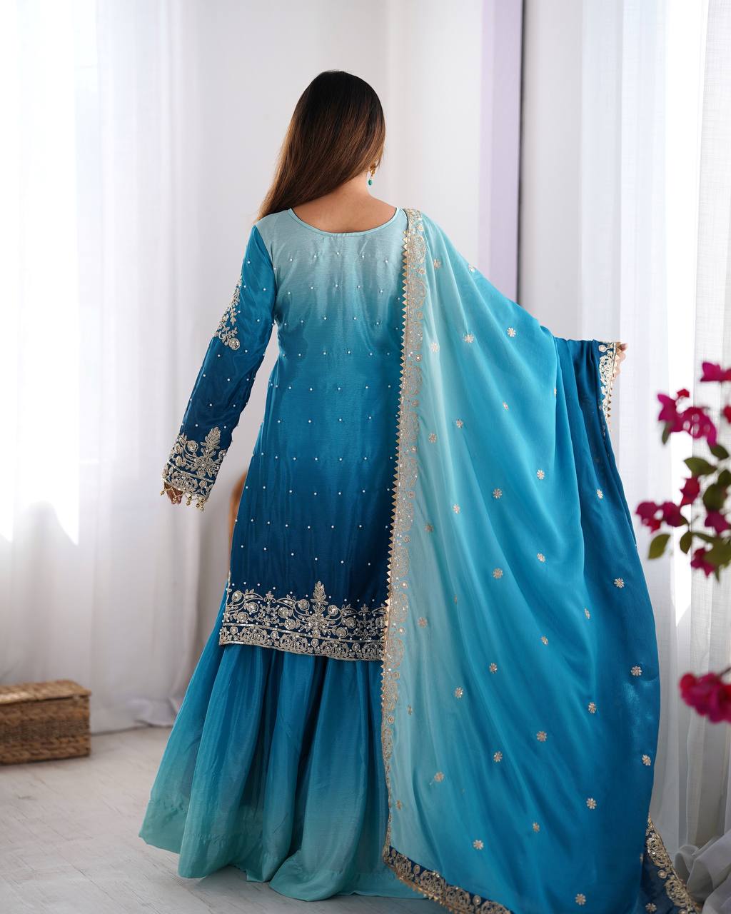 Sky Blue Chinon Silk And Coding Dori With Sequence Moti Beautiful Sharara Suit