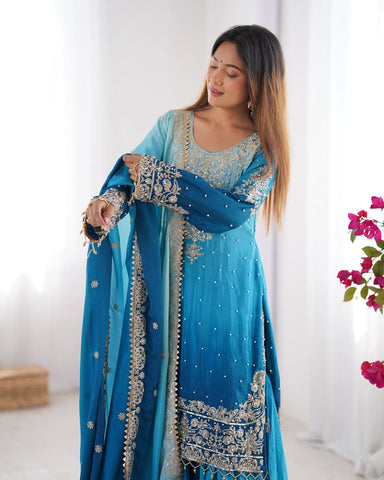 Sky Blue Chinon Silk And Coding Dori With Sequence Moti Beautiful Sharara Suit