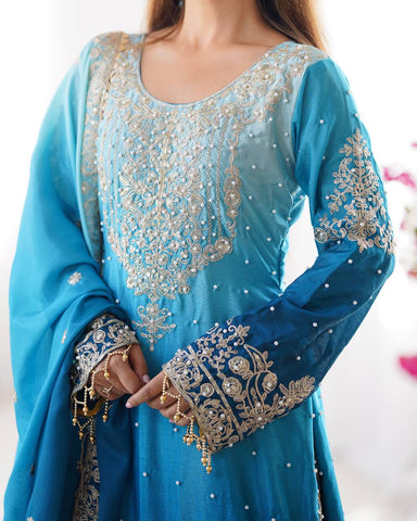 Sky Blue Chinon Silk And Coding Dori With Sequence Moti Beautiful Sharara Suit