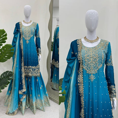 Sky Blue Chinon Silk And Coding Dori With Sequence Moti Beautiful Sharara Suit