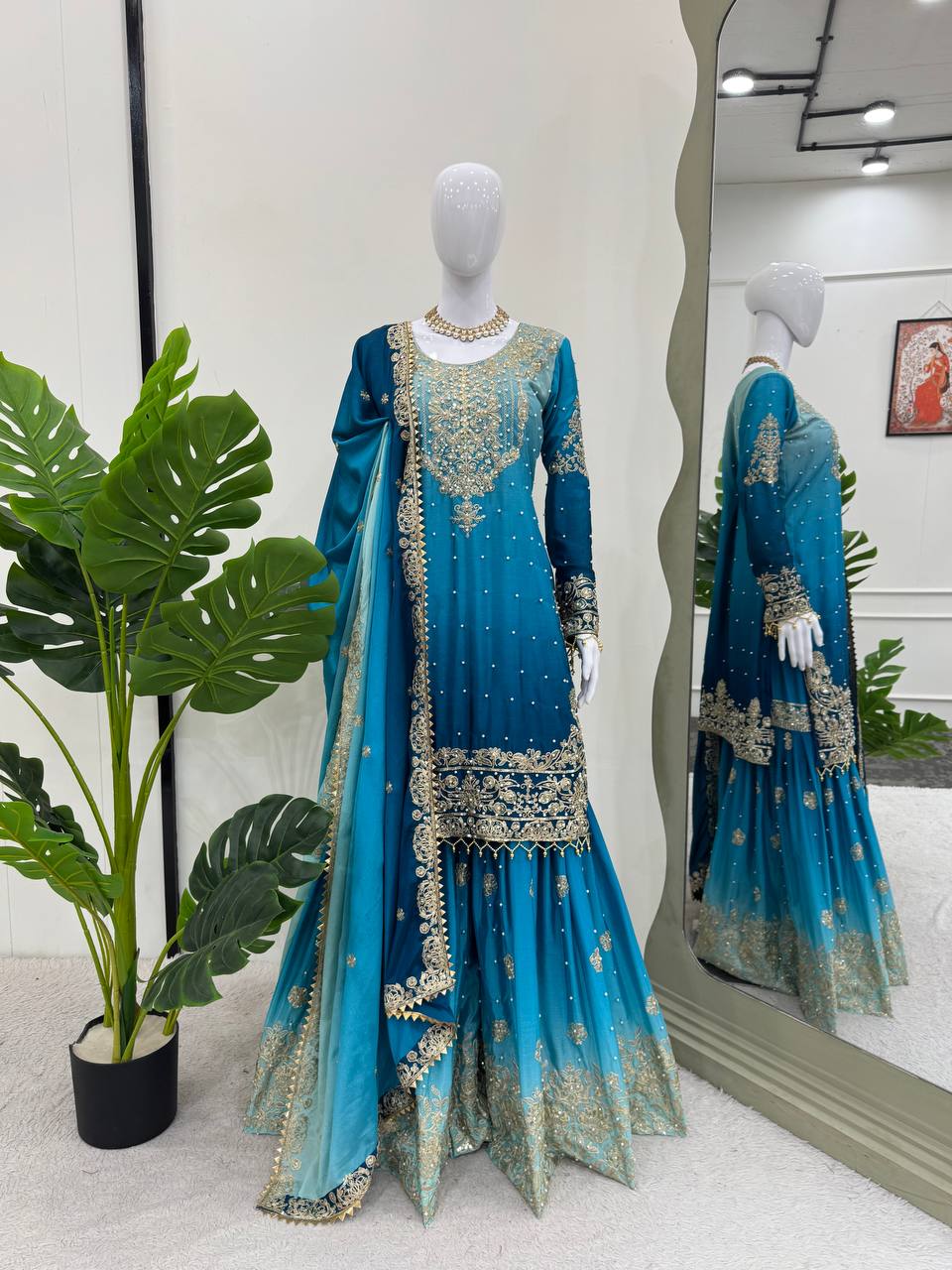 Sky Blue Chinon Silk And Coding Dori With Sequence Moti Beautiful Sharara Suit