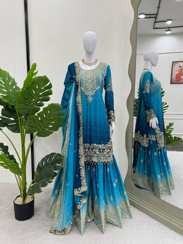 Sky Blue Chinon Silk And Coding Dori With Sequence Moti Beautiful Sharara Suit