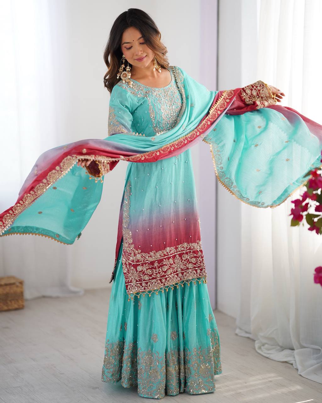 Light Green Chinon Silk And Coding Dori With Sequence Beautiful Sharara Suit