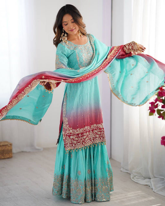 Light Green Chinon Silk And Coding Dori With Sequence Beautiful Sharara Suit