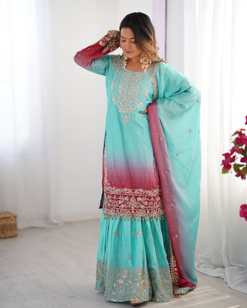 Light Green Chinon Silk And Coding Dori With Sequence Beautiful Sharara Suit