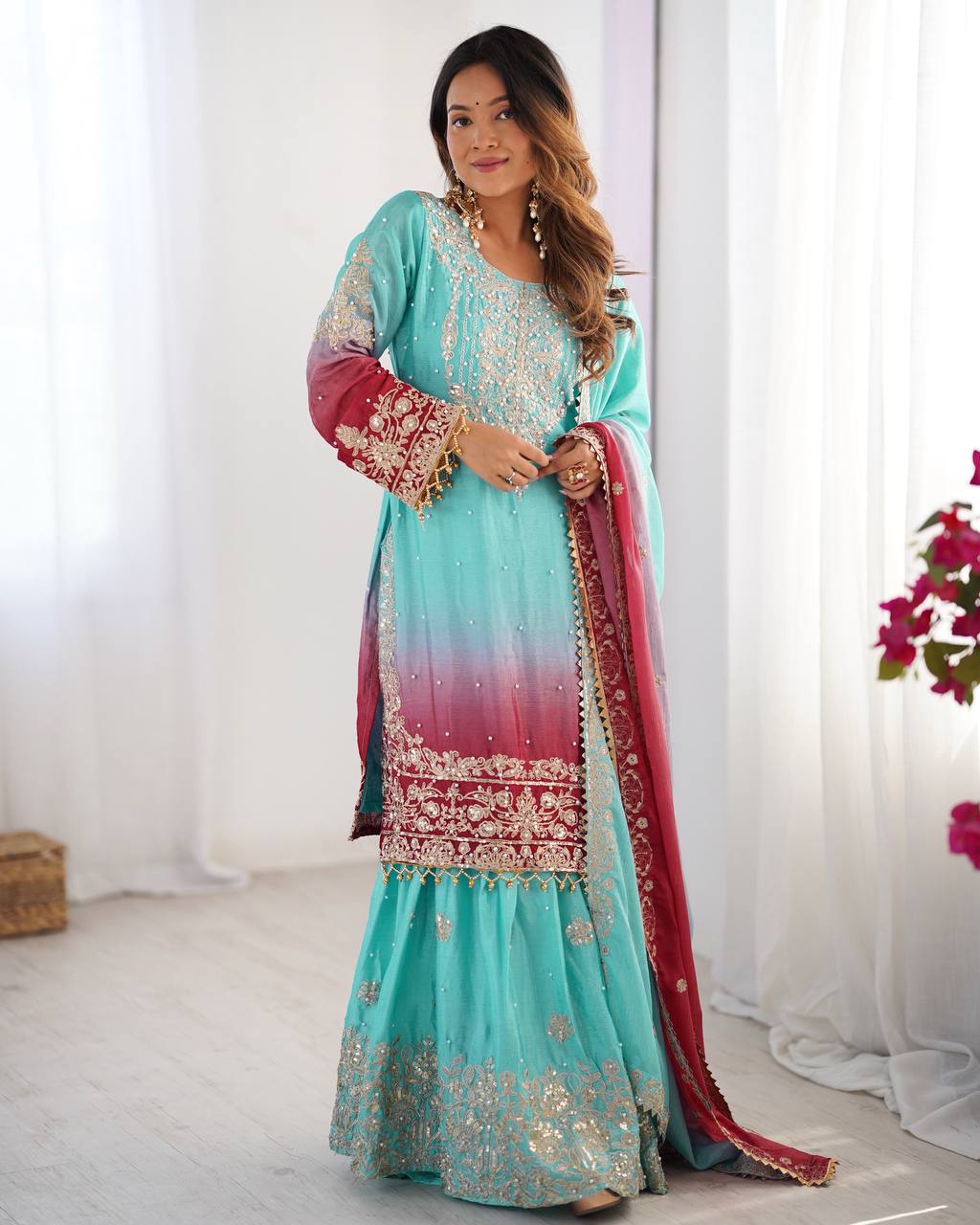 Light Green Chinon Silk And Coding Dori With Sequence Beautiful Sharara Suit