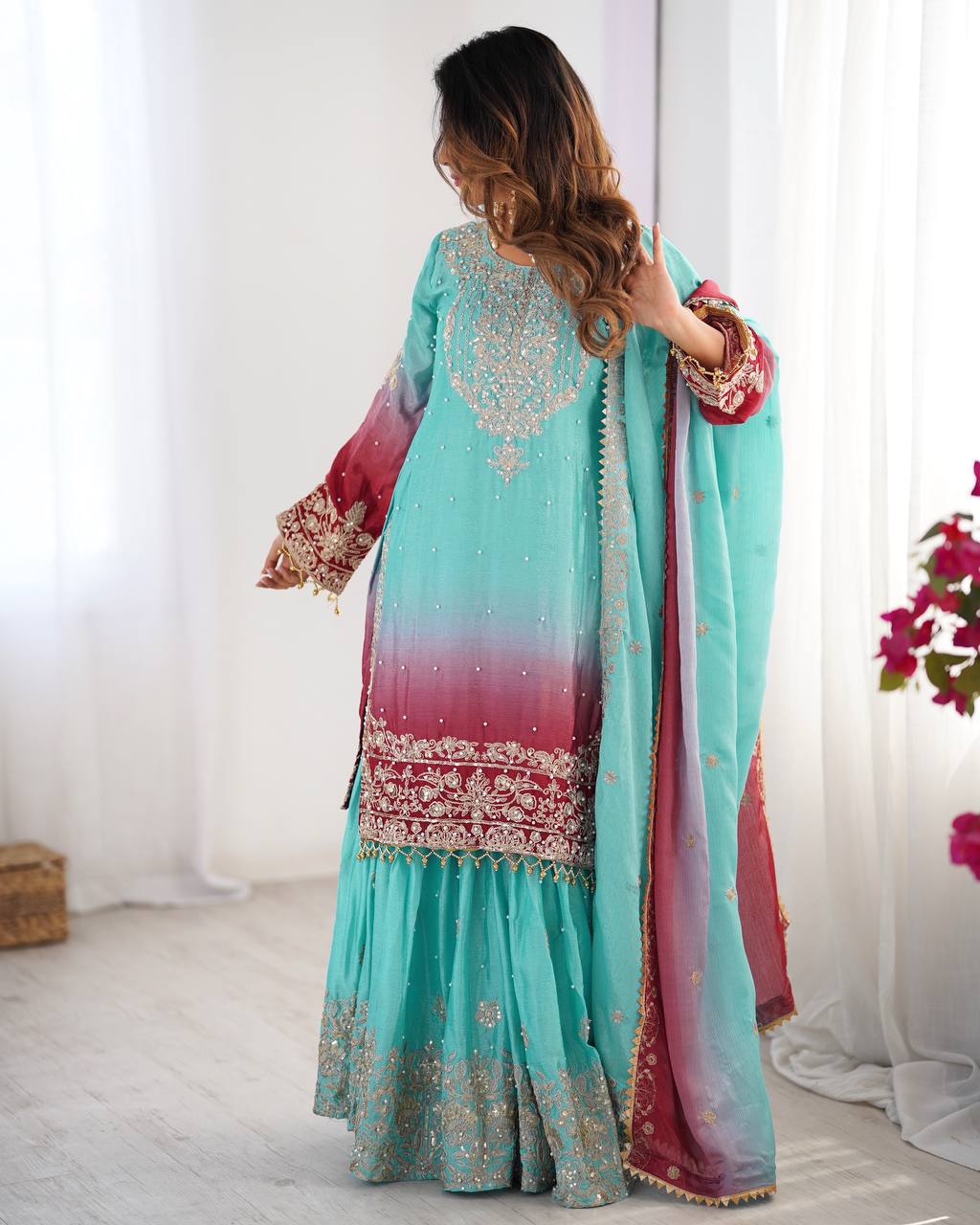 Light Green Chinon Silk And Coding Dori With Sequence Beautiful Sharara Suit