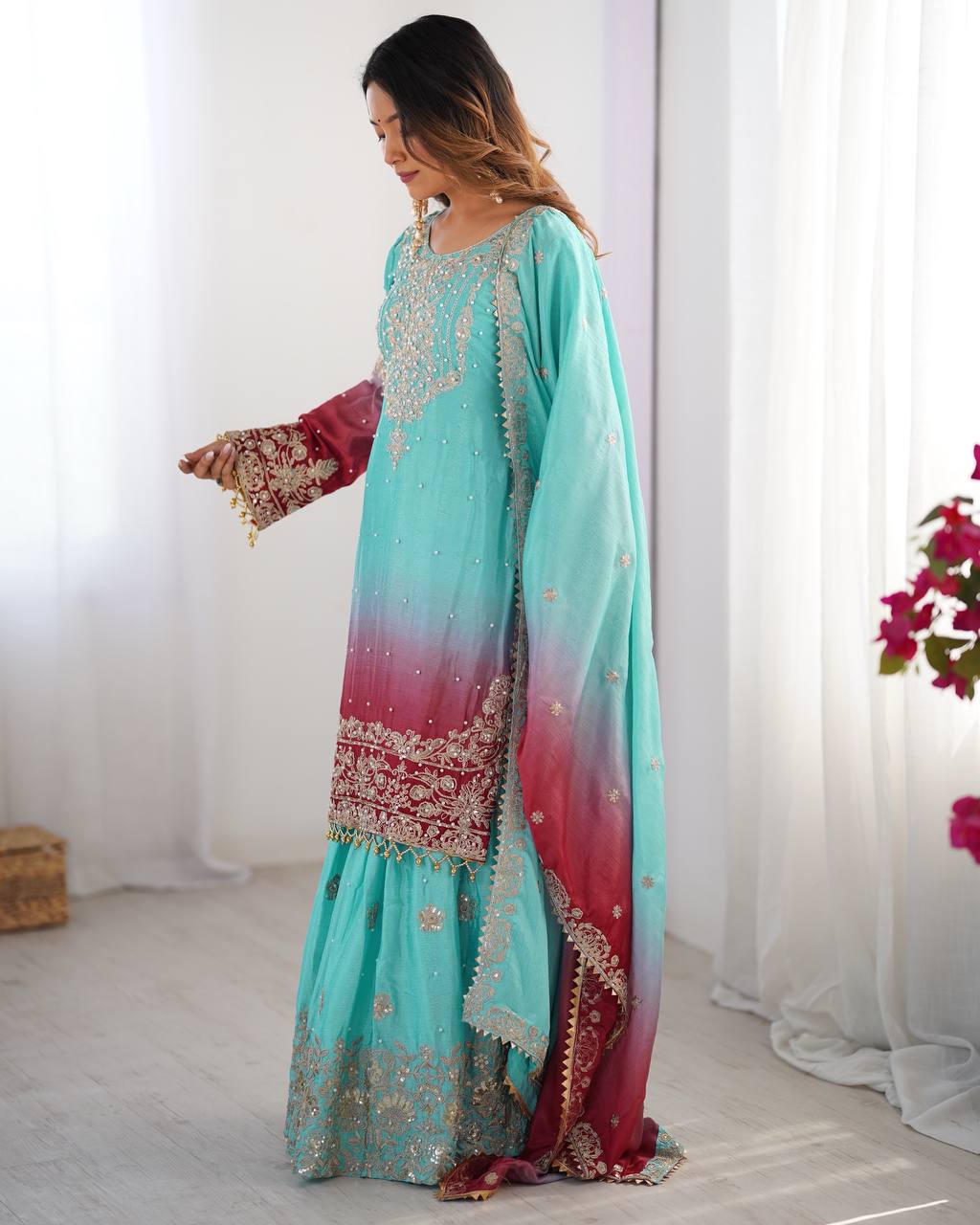 Light Green Chinon Silk And Coding Dori With Sequence Beautiful Sharara Suit