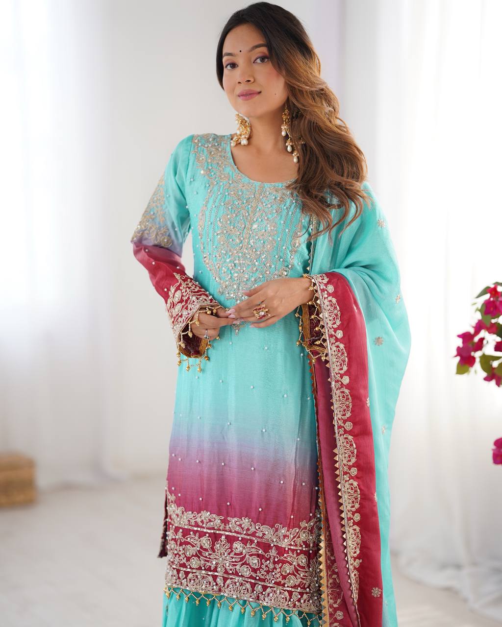 Light Green Chinon Silk And Coding Dori With Sequence Beautiful Sharara Suit