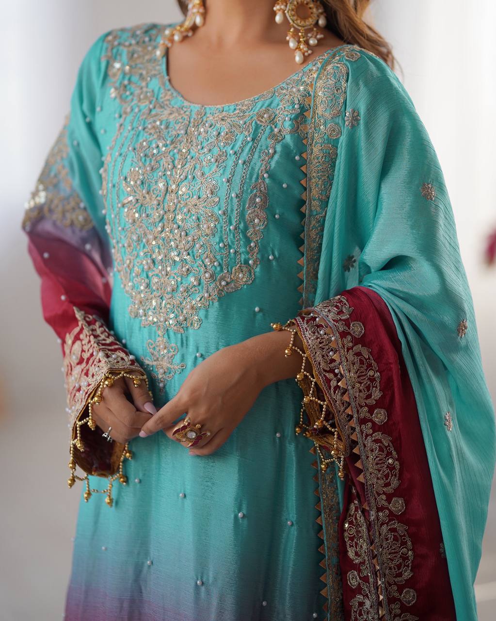 Light Green Chinon Silk And Coding Dori With Sequence Beautiful Sharara Suit