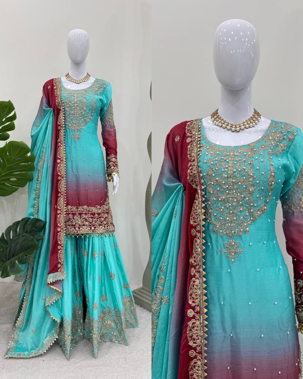 Light Green Chinon Silk And Coding Dori With Sequence Beautiful Sharara Suit