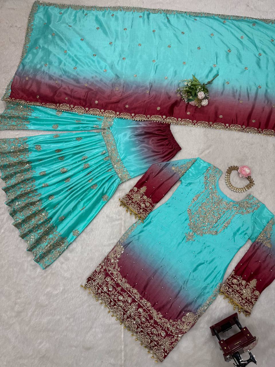 Light Green Chinon Silk And Coding Dori With Sequence Beautiful Sharara Suit
