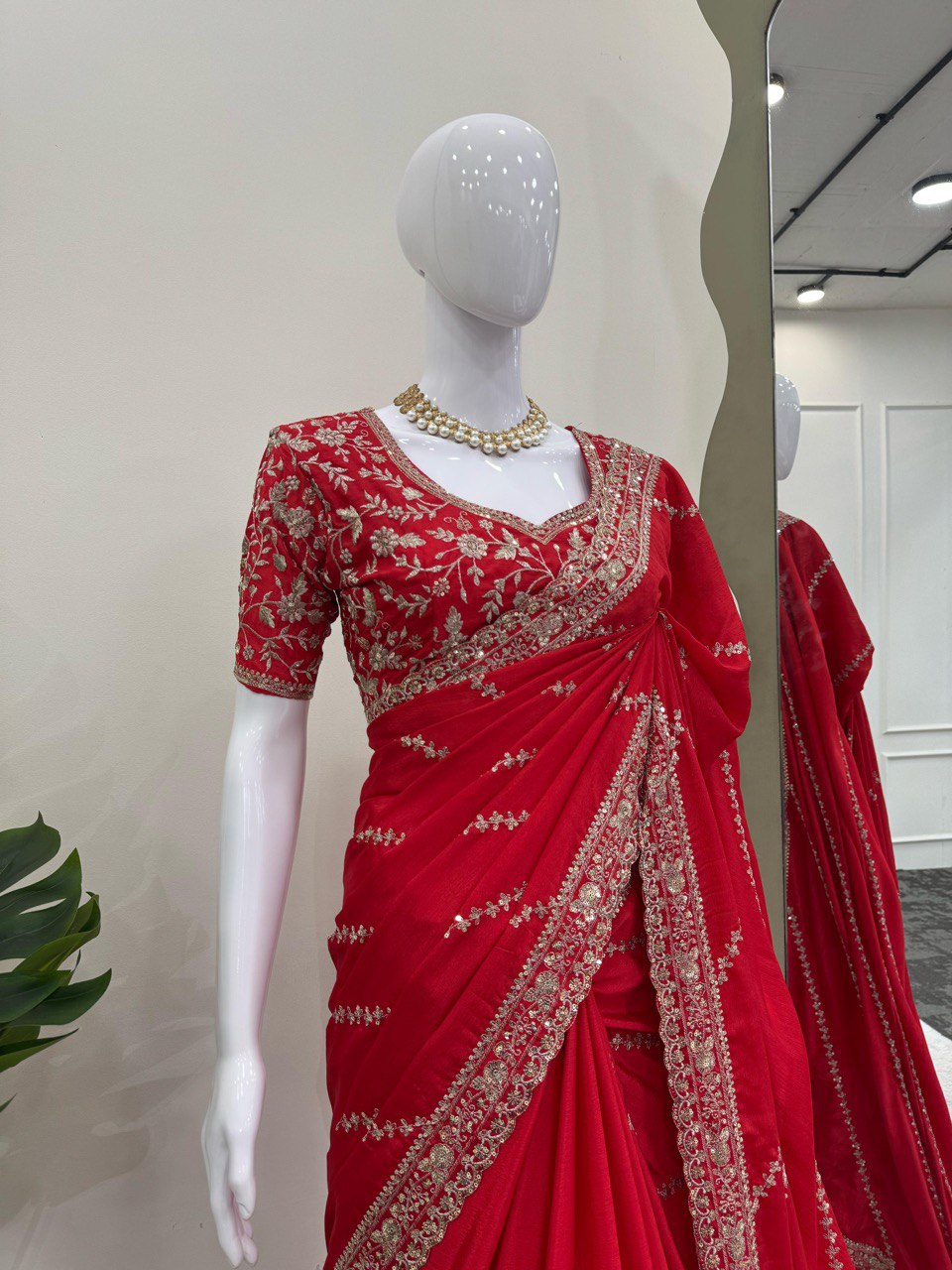 Mesmerizing Red Color Chinon Silk With Thread And Sequence Work Designer Saree