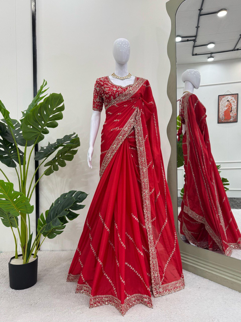Mesmerizing Red Color Chinon Silk With Thread And Sequence Work Designer Saree