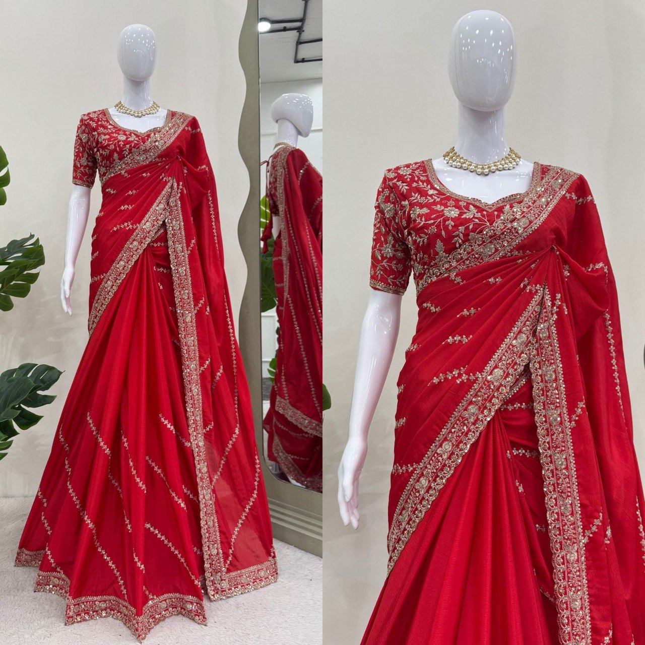 Mesmerizing Red Color Chinon Silk With Thread And Sequence Work Designer Saree
