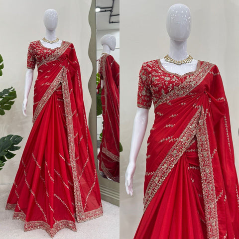 Mesmerizing Red Color Chinon Silk With Thread And Sequence Work Designer Saree