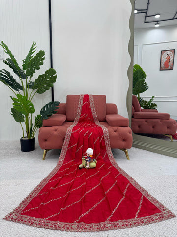 Mesmerizing Red Color Chinon Silk With Thread And Sequence Work Designer Saree
