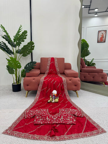 Mesmerizing Red Color Chinon Silk With Thread And Sequence Work Designer Saree
