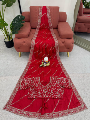 Mesmerizing Red Color Chinon Silk With Thread And Sequence Work Designer Saree