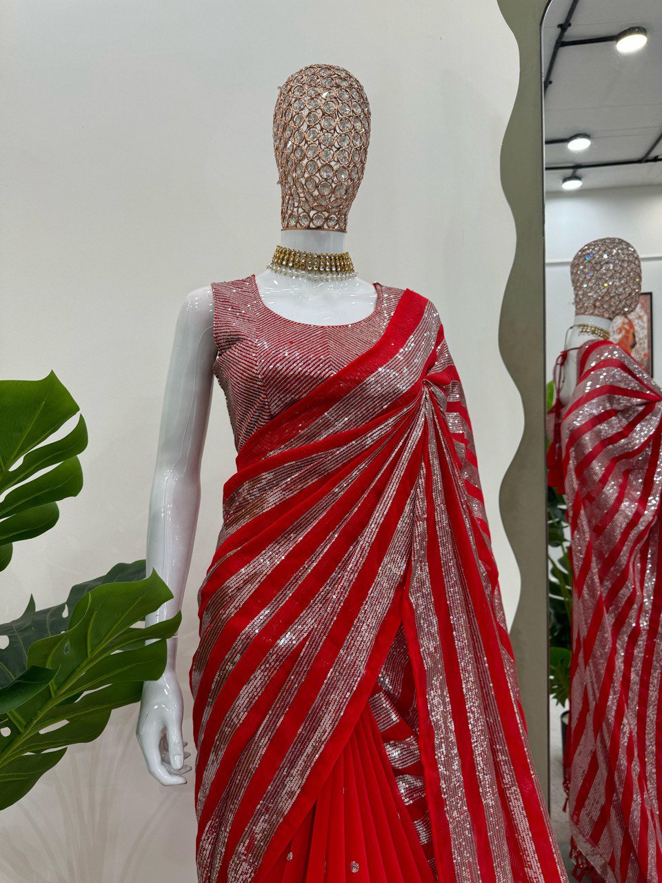 Wedding Wear Red Color Faux Georgette Thread And Sequence Work Saree