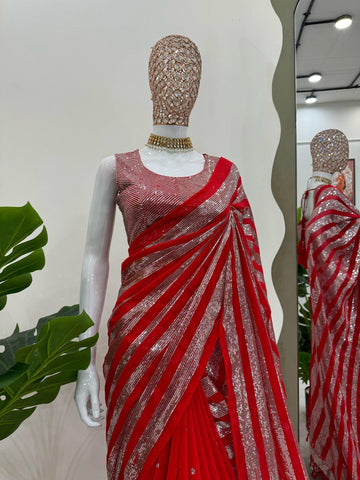 Wedding Wear Red Color Faux Georgette Thread And Sequence Work Saree