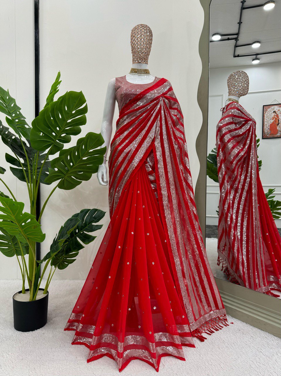 Wedding Wear Red Color Faux Georgette Thread And Sequence Work Saree