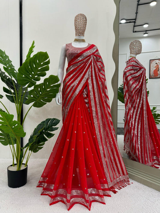 Wedding Wear Red Color Faux Georgette Thread And Sequence Work Saree