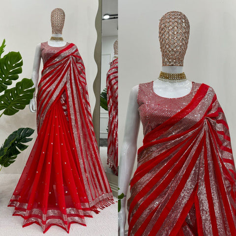 Wedding Wear Red Color Faux Georgette Thread And Sequence Work Saree