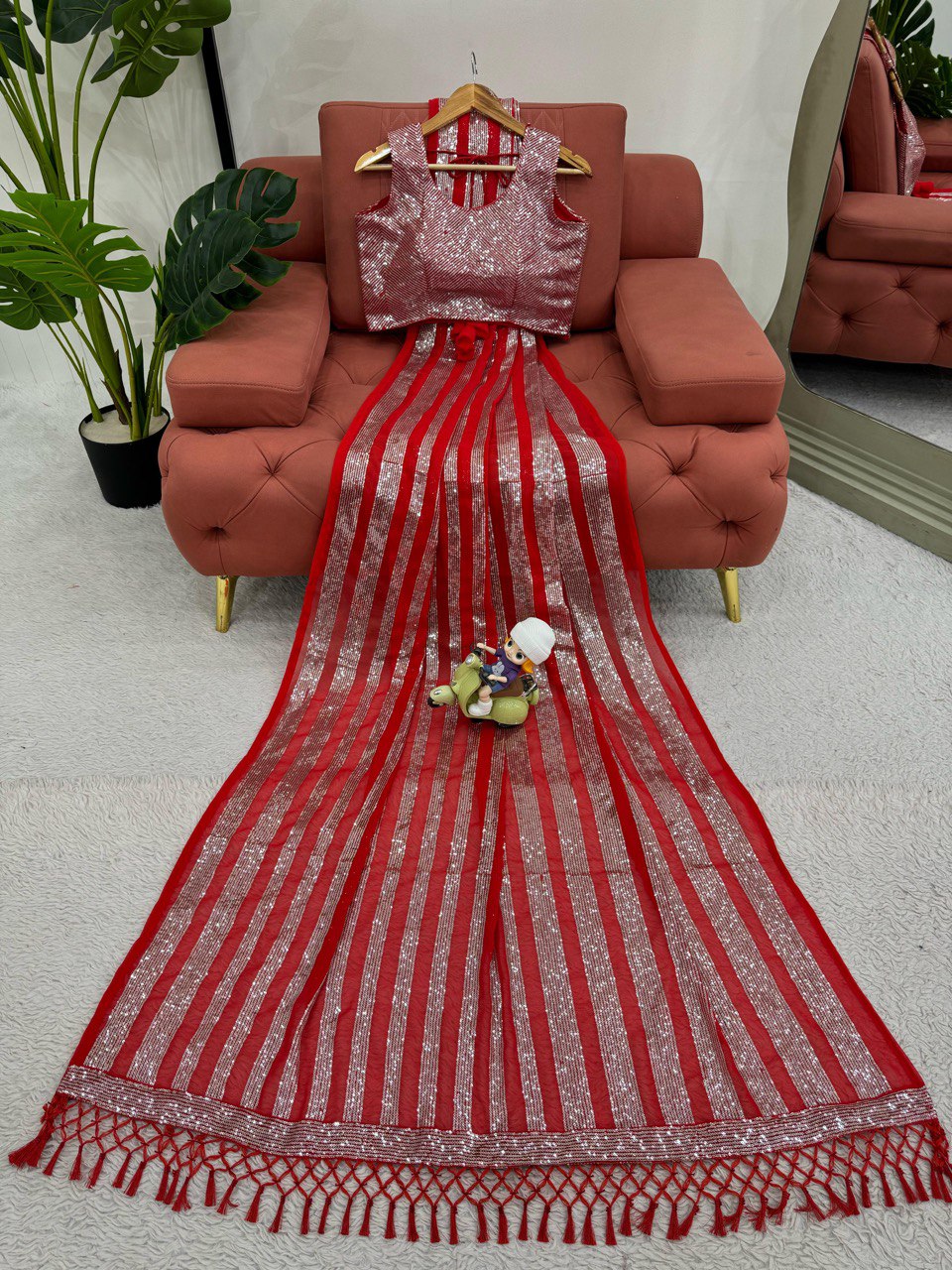 Wedding Wear Red Color Faux Georgette Thread And Sequence Work Saree