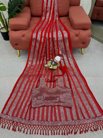 Wedding Wear Red Color Faux Georgette Thread And Sequence Work Saree
