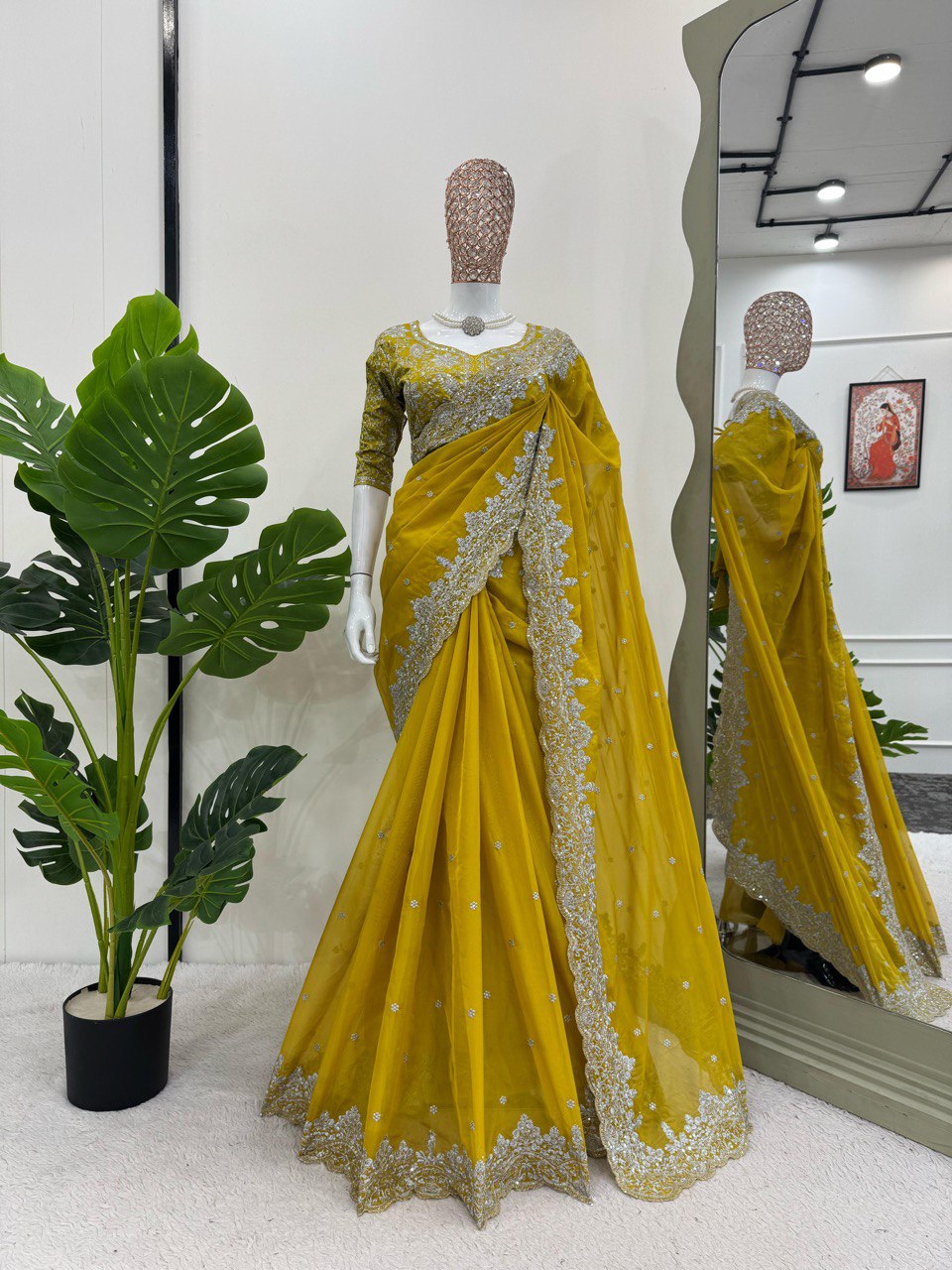 Party Wear Yellow Color Heavy Tabby Silk With Thread And Sequence Work Saree