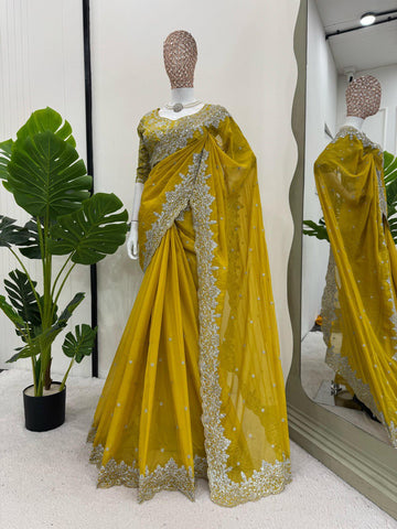 Party Wear Yellow Color Heavy Tabby Silk With Thread And Sequence Work Saree