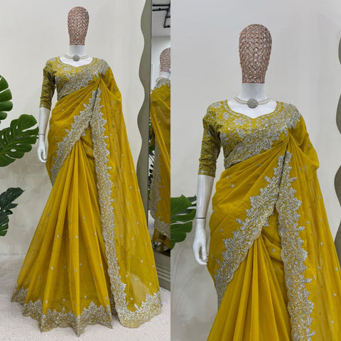 Party Wear Yellow Color Heavy Tabby Silk With Thread And Sequence Work Saree