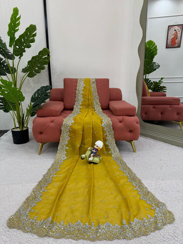 Party Wear Yellow Color Heavy Tabby Silk With Thread And Sequence Work Saree