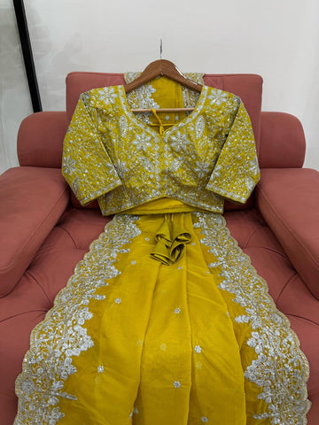 Party Wear Yellow Color Heavy Tabby Silk With Thread And Sequence Work Saree