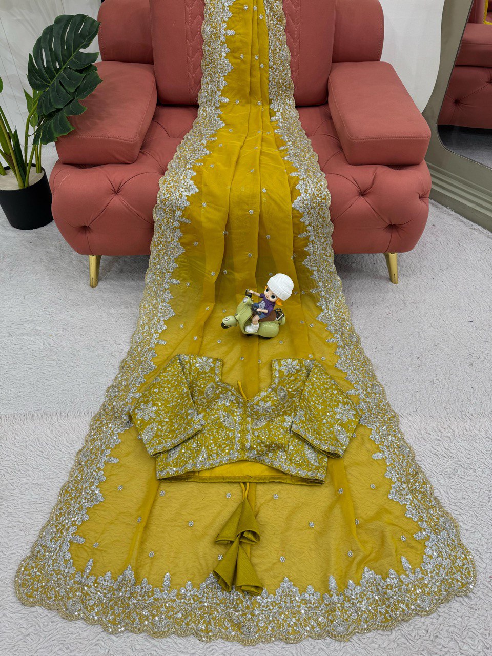 Party Wear Yellow Color Heavy Tabby Silk With Thread And Sequence Work Saree