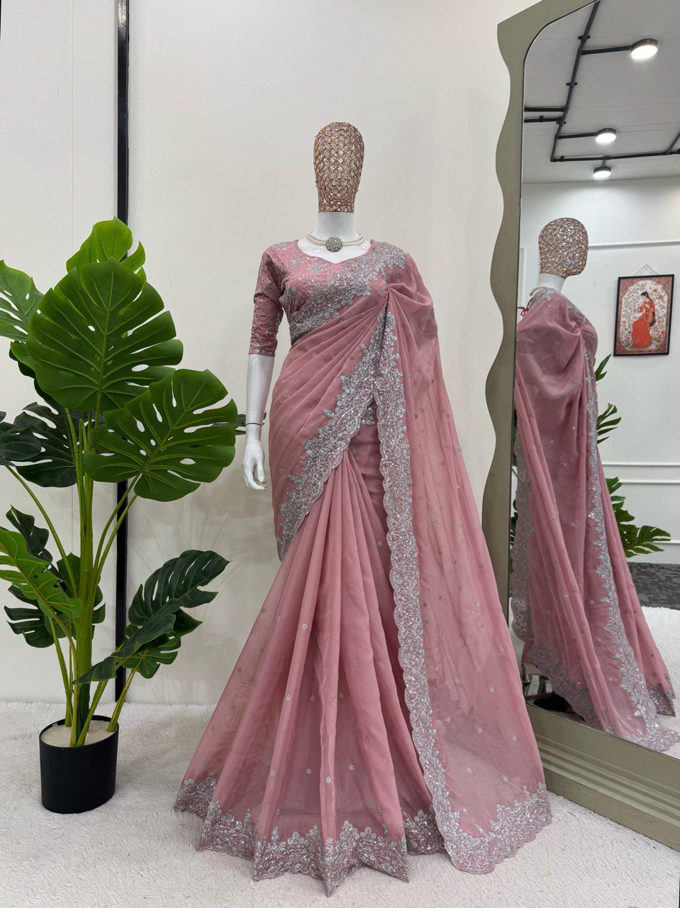 Party Wear Peach Color Heavy Tabby Silk With Thread And Sequence Work Saree