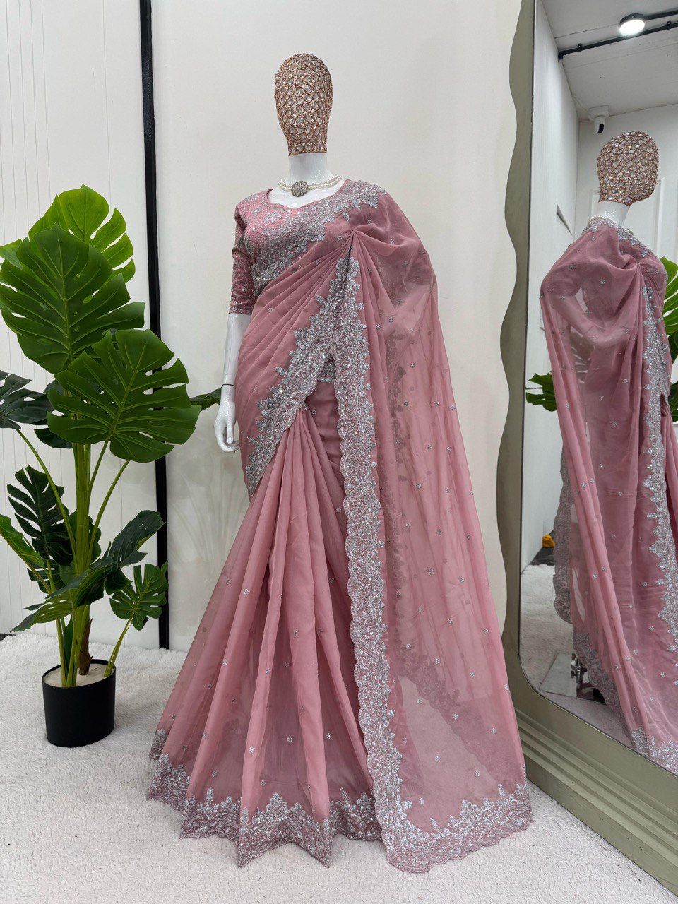 Party Wear Peach Color Heavy Tabby Silk With Thread And Sequence Work Saree