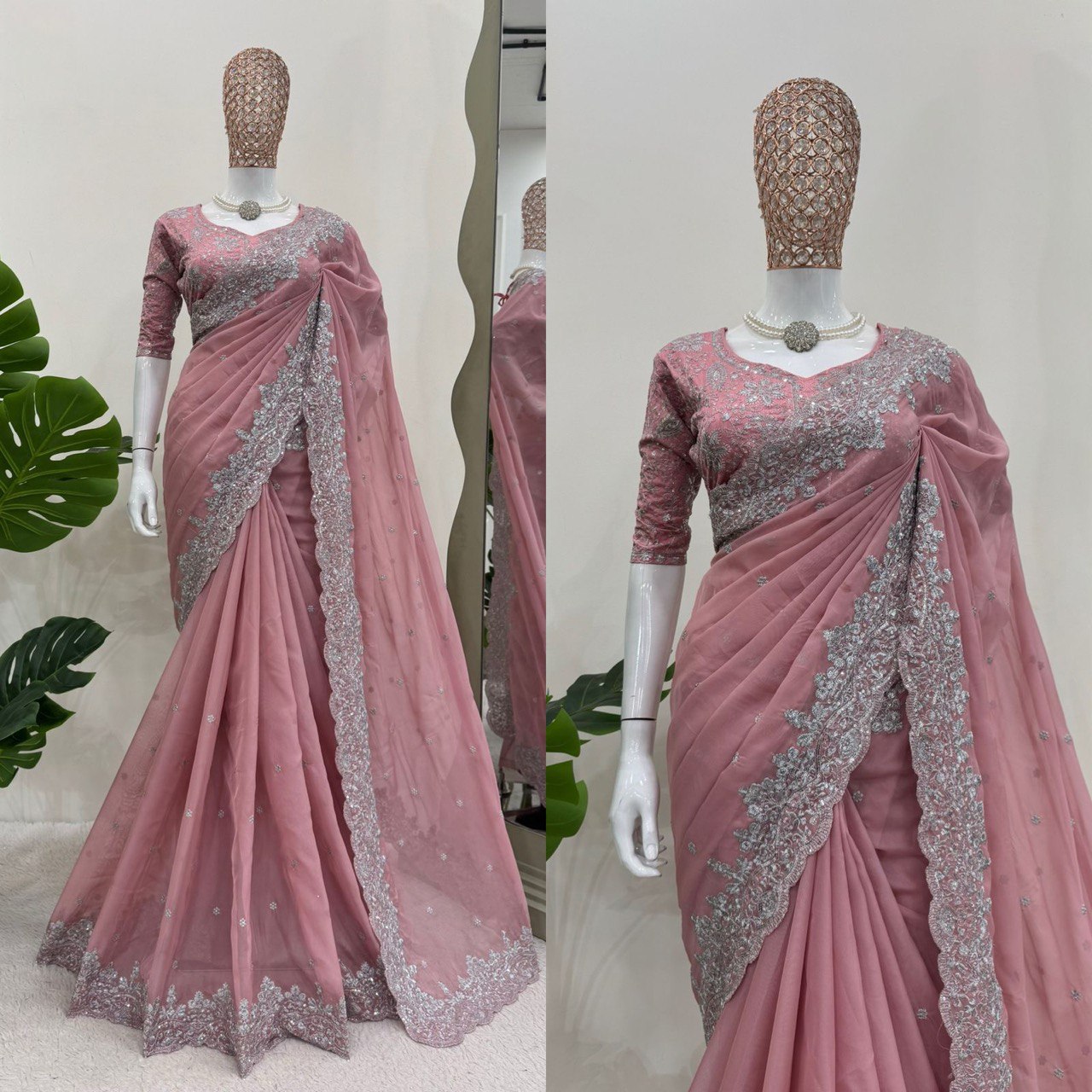 Party Wear Peach Color Heavy Tabby Silk With Thread And Sequence Work Saree