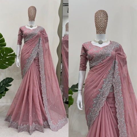 Party Wear Peach Color Heavy Tabby Silk With Thread And Sequence Work Saree