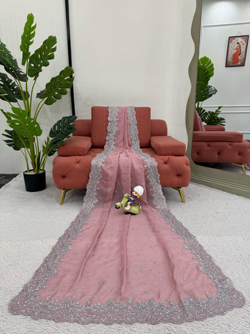 Party Wear Peach Color Heavy Tabby Silk With Thread And Sequence Work Saree