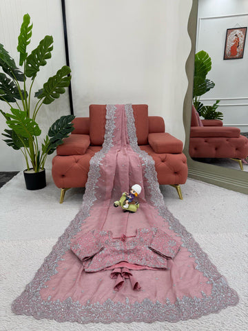 Party Wear Peach Color Heavy Tabby Silk With Thread And Sequence Work Saree