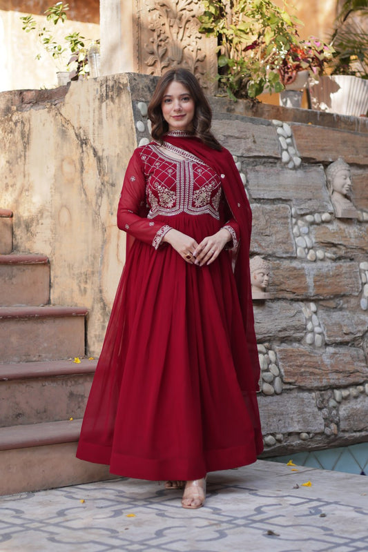 Admiring Maroon Color Faux Blooming With Sequins Multi Beads Embroidered Work Gown