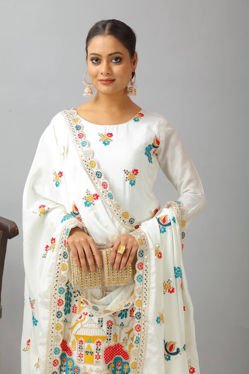 Graceful White Color Heavy Chinon Silk With Heavy Embroidery Coding Sequence Work Salwar Suit