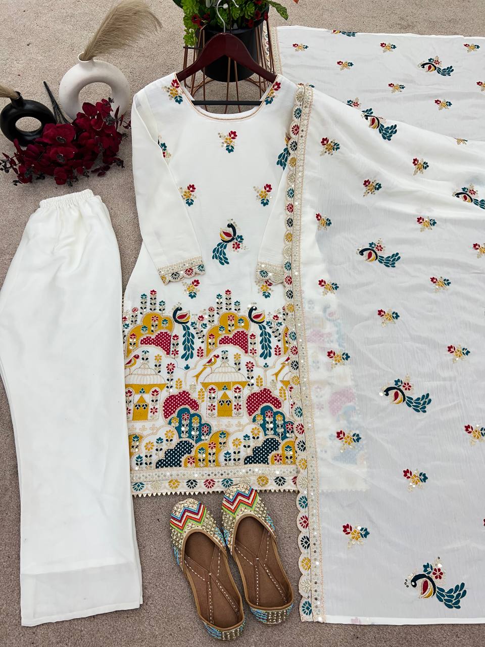 Graceful White Color Heavy Chinon Silk With Heavy Embroidery Coding Sequence Work Salwar Suit