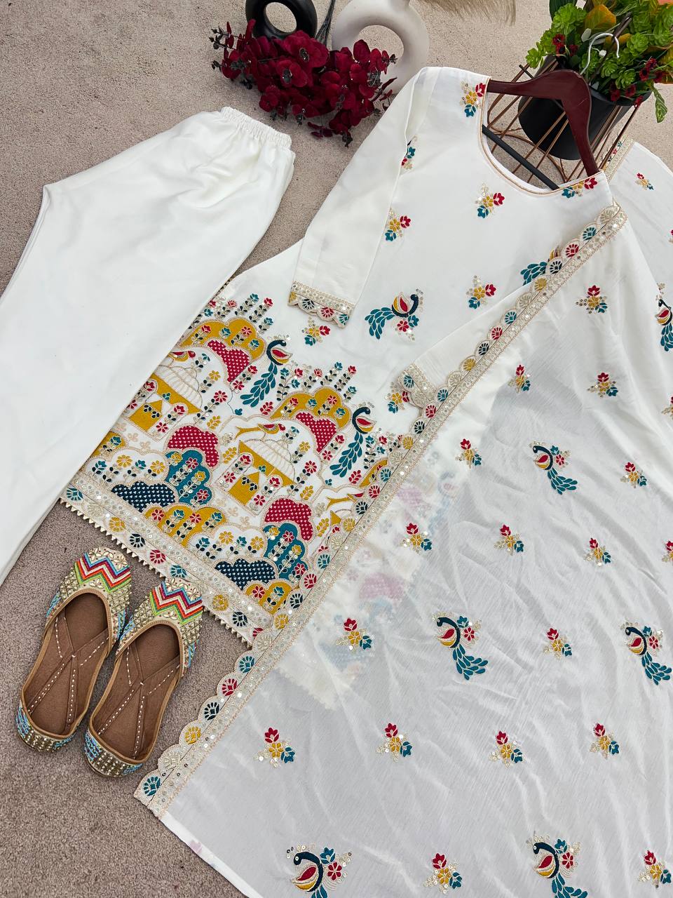 Graceful White Color Heavy Chinon Silk With Heavy Embroidery Coding Sequence Work Salwar Suit