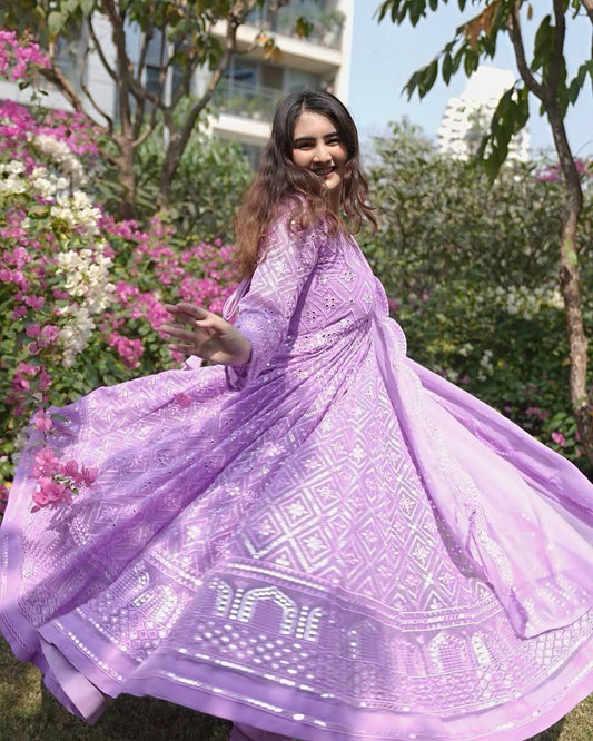 Party Wear Lavender Color Faux Blooming With Sequins And Thread Embroidered Work Anarkali Gown