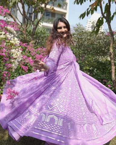 Party Wear Lavender Color Faux Blooming With Sequins And Thread Embroidered Work Anarkali Gown